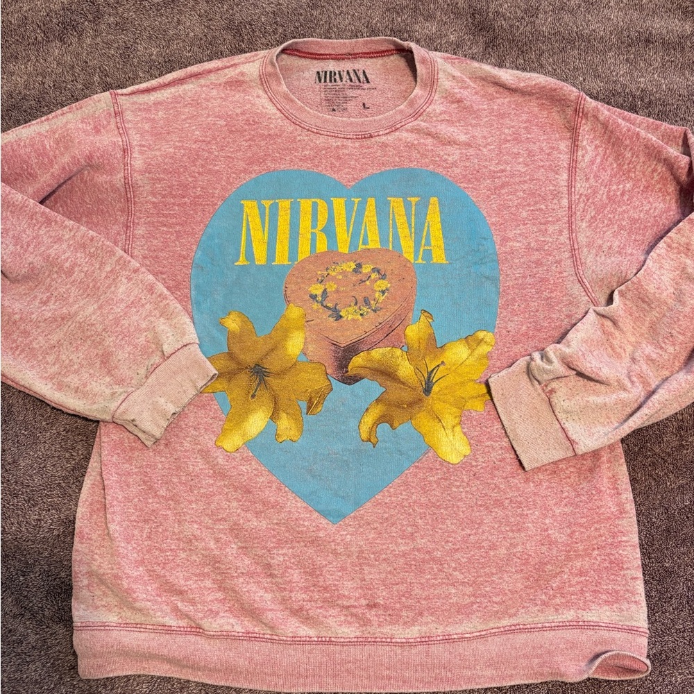 NIRVANA Pink Sweatshirt with Blue Heart and Yellow Flowers
